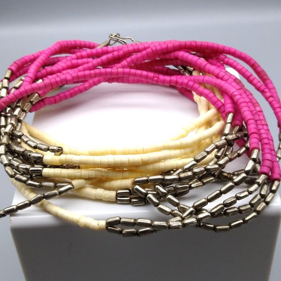 Multi Strand Colorful Heishi Necklace with Hot Pink Cream and Silver Findings - Picture 2 of 4